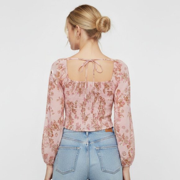 Free People Hilary Pink Floral Blouse Tie Neck Boho Prairie Top Keyhole Bust - Picture 2 of 11